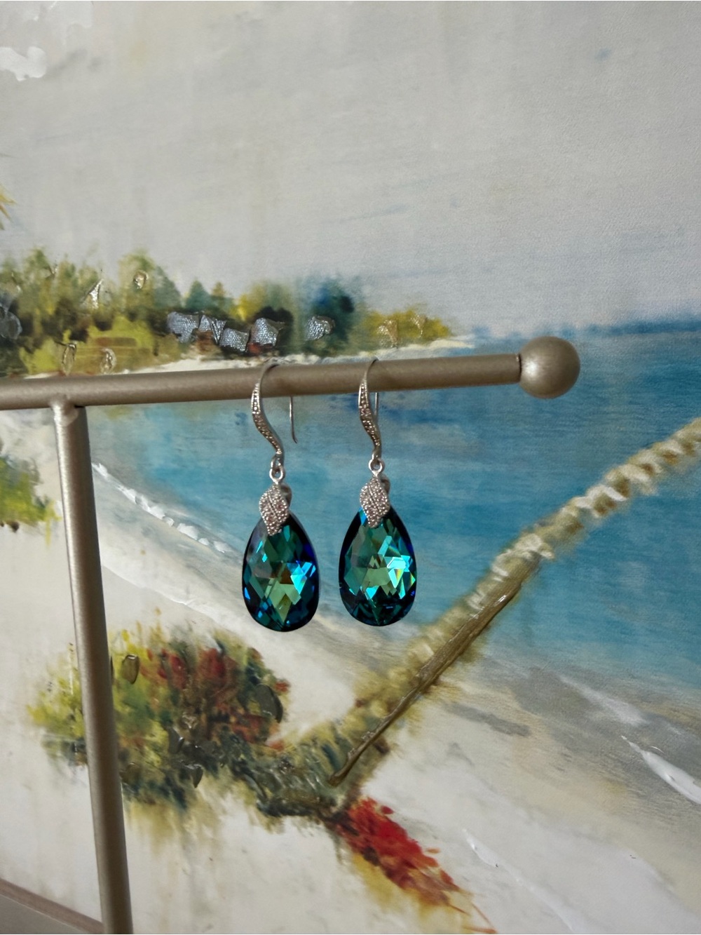 Teardrop Crystal Dangle Earrings in Blue-Green